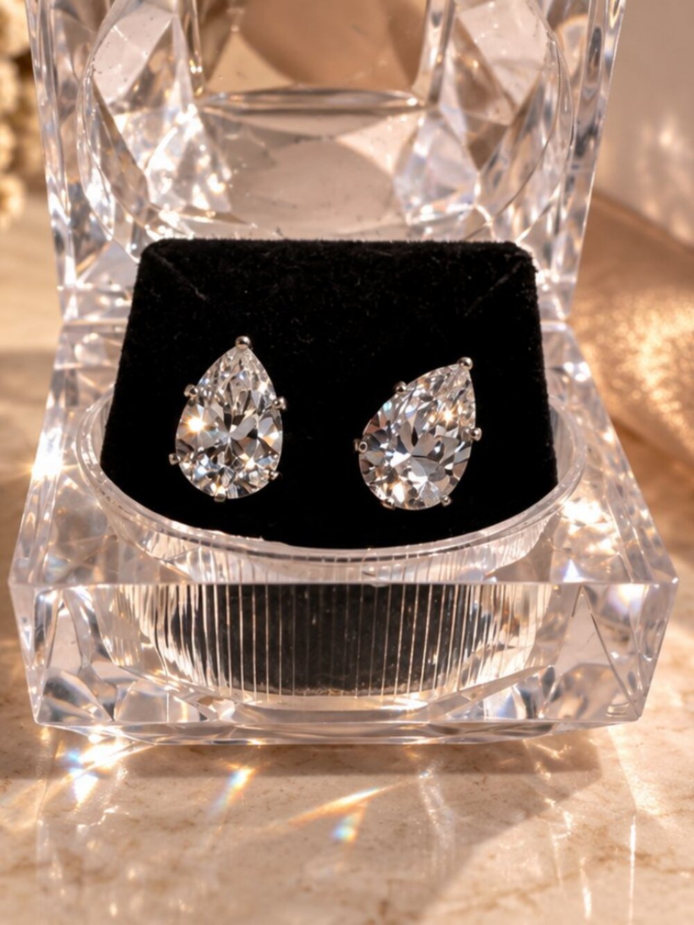 Pear Cut CZ Crystal Stud Earrings Silver Tone Clear Gem Teardrop
